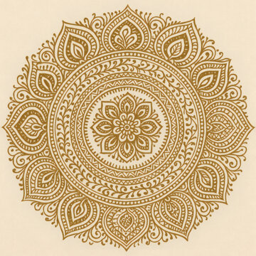 Gold Mandala Vector on Beige Background &ndash; Ornate Bohemian Pattern for Decor & Design