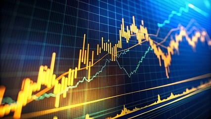 A dynamic stock market chart displays fluctuating lines and bars, indicating market trends