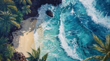 Tropical beach paradise with crashing waves.  A secluded, sandy cove is framed by lush palm trees, and powerful turquoise waves crash against the shore.  A serene escape