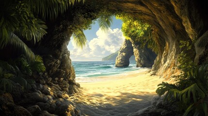 Tropical cave opening to a secluded beach. Lush vegetation surrounds a hidden paradise. Sunlight streams through the cave entrance