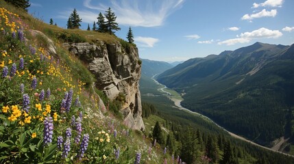 Rocky Mountain Majesty: A sweeping panorama from a rugged cliff, revealing a sprawling valley and distant peaks, with colorful wildflowers adding beauty to the foreground under a bright sky.