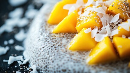 Tropical Chia Seed Pudding topped with Mango and Coconut