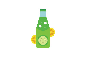 Kiwi Soda Bottle Vector Design with Bubbles and Slices on White Background