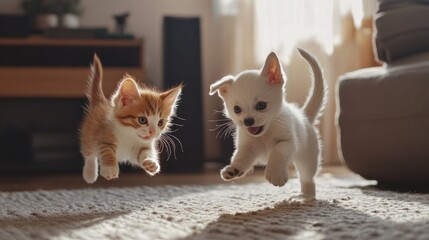 Two adorable kittens and puppies, leaping playfully in a home