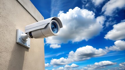 A white security camera is mounted on a beige building wall under a bright blue sky
