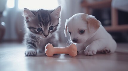 Two adorable kittens and puppies playing with a toy bone