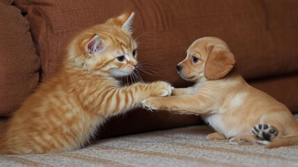 Two adorable kittens and puppies playing on a couch.  A ginger kitten and a golden puppy are gently touching paws.  They are sitting on a couch