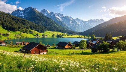 Fototapeta premium Picturesque mountain lake village nestled amid majestic peaks