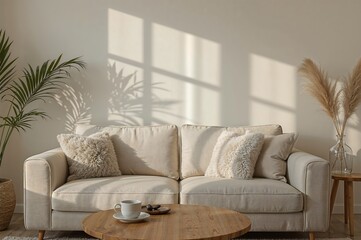 Beige sofa with pillows and a cup of coffee on a round table in a sunlit living room setting
