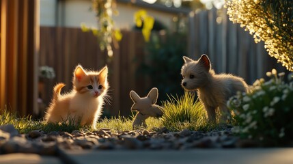 Two adorable kittens in a sunny garden setting