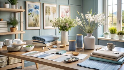 A stylish workspace features a wooden table with fabric samples, flowers, and home decor items in a calming blue and green color scheme
