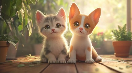 Two adorable kittens, sitting side-by-side on a wooden surface, bathed in sunlight, surrounded by plants