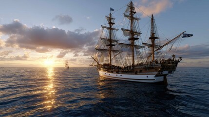 Fototapeta premium Pirate ship sails across the ocean at sunset with billowing sails and vibrant pink and orange skies reflecting on the water