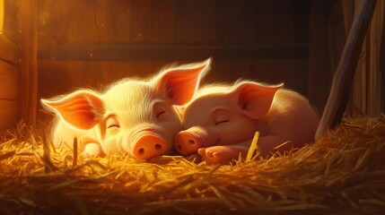 Two adorable piglets nestled together in a sunlit hayloft, peacefully sleeping