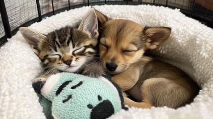 Two adorable pets snuggling together in a cozy bed