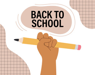 Hand drawn cartoon of a hand holding a pencil with “Back to School” text, perfect for banners, posters and educational use vector illustration