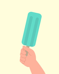 Hand drawn cartoon hand of a child enjoying a fresh popsicle, perfect for food or refreshing product illustrations. Enjoying summer concept