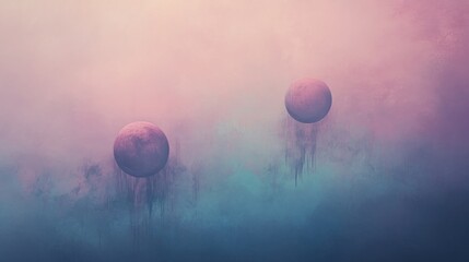 Two ethereal moons suspended in a dreamy, hazy atmosphere, enveloped by swirling, pastel-hued clouds