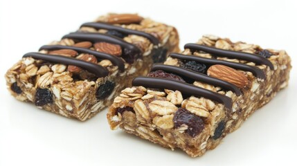 Two granola bars with chocolate drizzle, almonds, and dried fruit