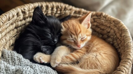 Two kittens cuddling in a woven basket