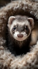Fototapeta premium Curious ferret peeking out from cozy tunnel toy