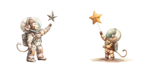 monkey astronaut catching star watercolor vector illustration