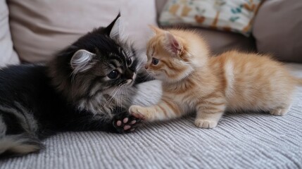 Two kittens playing on a couch
