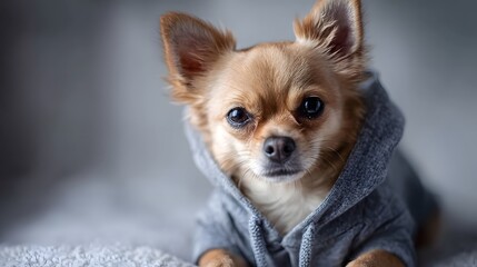 Obraz premium Chihuahua wearing a hoodie in a cozy apartment setting