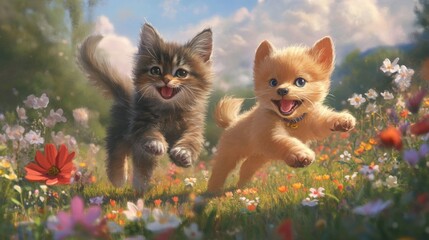 Two playful kittens and puppy running amidst a vibrant flower field, filled with joy and sunshine