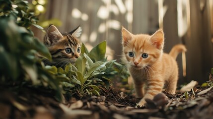 Two playful kittens explore a garden bed