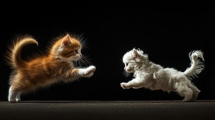 Two playful kittens in motion against a dark background