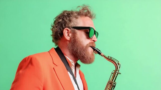 Melody of Passion: Capturing the soulful essence of music. A talented artist, fully immersed in the moment, plays the saxophone against a striking turquoise backdrop.