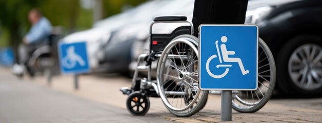 Close-up view of a blue and white wheelchair access sign in an urban area, emphasizing accessibility in public spaces for individuals with mobility challenges