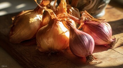 Close up of fresh onions on wooden cutting board with warm lighting