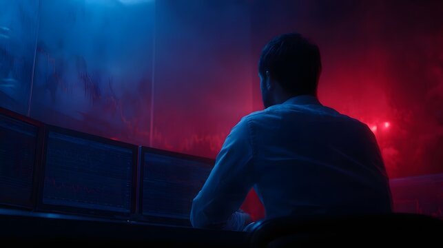 Trader intently monitoring live signals on screen wall in algorithmic trading center