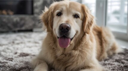 Cozy golden retriever relaxing in a modern living room