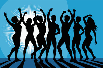Fototapeta premium Zumba vector silhouettes dancing in the sun, perfect for fitness enthusiasts, summer promotions, health and wellness content, and dance events.