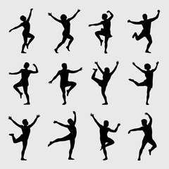 Zumba vector of twelve diverse black silhouettes dancing joyfully in vibrant zumba class. Suitable for fitness or dancerelated designs.