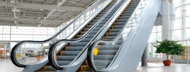 Escalator with yellow safety tape and black steps showcases industrial design elements in high resolution