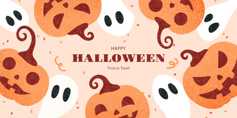 Halloween holiday banner background with friendly ghosts and smiling orange jack-o'-lantern pumpkins, modern design with a textured effect for a seasonal party or sale promotion, vector illustration.