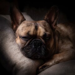 Fototapeta premium A French bulldog resting on a pillow in a quiet bedroom corner long title A French bulldog cozily resting on a soft textured pillow with its paw