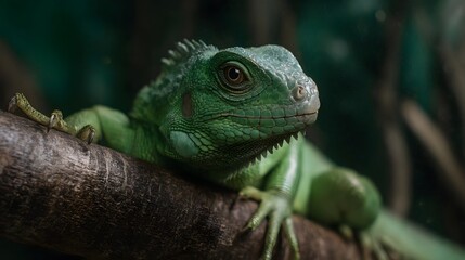 Fototapeta premium Green iguana climbing on a branch inside a terrarium