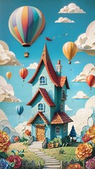 Fototapeta premium Whimsical Fantasy House with Hot Air Balloons