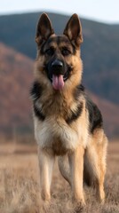 A German shepherd stands proudly in an open field with mountains in the background  long title A majestic German shepherd dog stands in an open