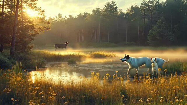 Scenic sunrise at misty pond with dogs, grass and trees.