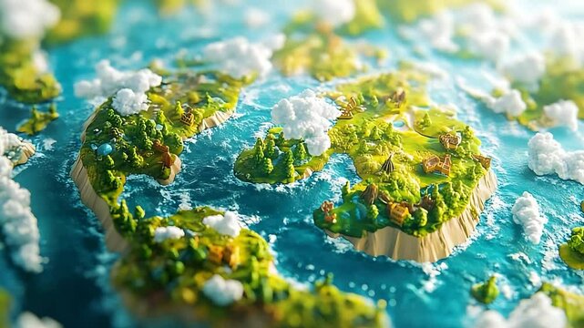 A vibrant aerial view of a colorful, miniature island landscape surrounded by blue ocean waves