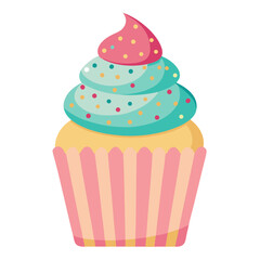 Cupcake with pink frosting and a cherry in a cute vintage dessert illustration
