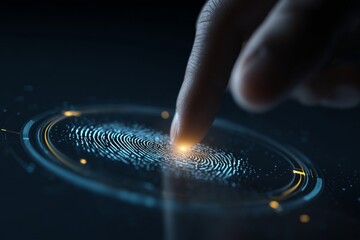 A finger touching a glowing fingerprint scan on a dark futuristic interface with golden accents