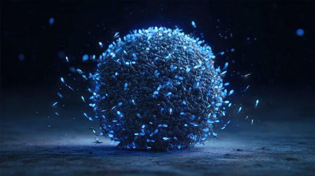 Dark sphere of glowing blue particles explodes outward on dark surface
