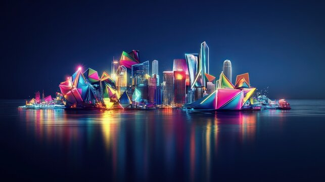 Vibrant, futuristic city island at night.  Colorful, geometric buildings reflected in calm waters